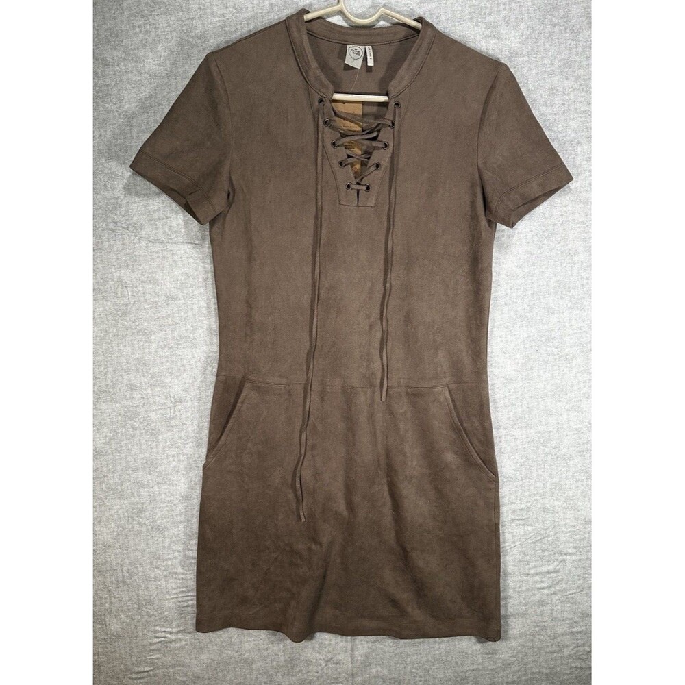 NWT Paper Crane Lace Up Faux Suede mini dress Brown short sleeves Women’s size S